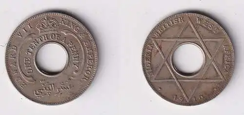 1/10 Penny Kupfer Nickel Münze Britisch Westafrika 1910 Lochmünze ss (108694)