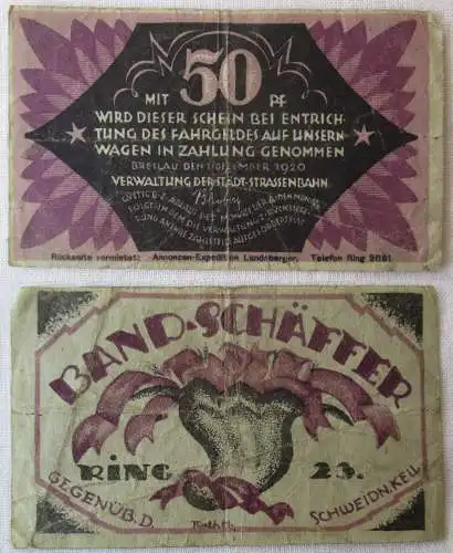 50 Pfennig Banknote Notgeld Städtische Straßenbahn Breslau 1920 (167228)