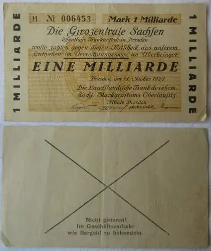 Banknote Inflation Girozentrale Dresden 1 Milliarde Mark 18.10. 1923 (168328)