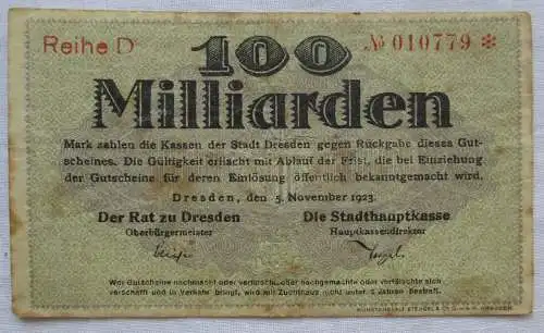 100 Milliarden Mark Banknote Inflation Stadthauptkasse Dresden 1923 (161474)