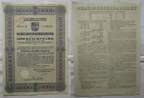 1000 Reichsmark Aktie Freistaat Mecklenburg Schwerin 28.1.1929 (169481)