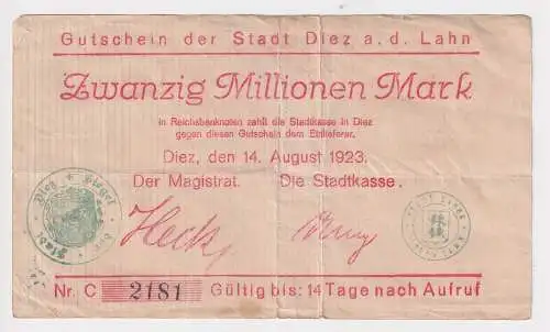 20 Millionen Mark Banknote Inflation Stadt Diez a.d. Lahn 14.8.1923 (169363)