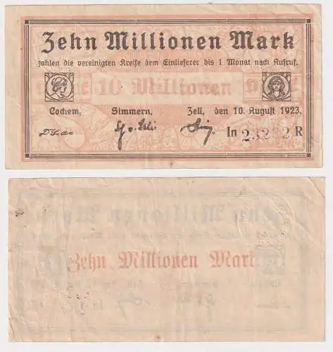 10 Millionen Mark Banknote Inflation Cochem Simmern Zell 10.8. 1923 (169750)