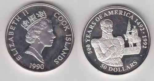 50 Dollar Silbermünze Cook Inseln 500 Jahre Amerika Reiter Simon Bolivar(111765)