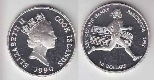 50 Dollar Silbermünze Cook Inseln Olympia Barcelona Marathonläufer 1990 (116567)