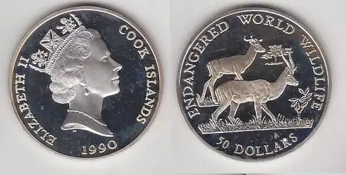 50 Dollar Silbermünze Cook Inseln 1990 bedrohte Tierwelt Grantgazelle (115946)