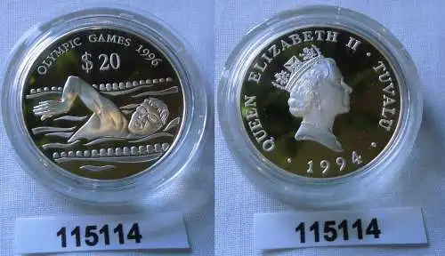 20 Dollar Silber Münze Tuvalu Olympiade 1996 Atlanta Schwimmer 1994 (115114