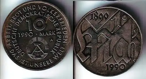 DDR Gedenk Münze 10 Mark 100.Jahre 1.Mai Feiertag 1990 (113932)