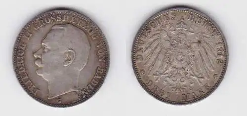 3 Mark Silbermünze Baden Großherzog Friedrich II 1912 Jäger 39  (112010)