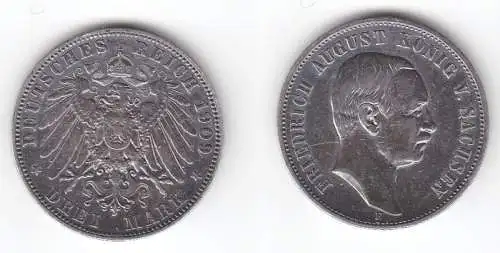 3 Mark Silbermünze Sachsen König Friedrich August 1909 Jäger 135 (114694)