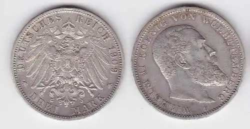 3 Mark Silbermünze Württemberg König Wilhelm II 1909 Jäger 175 (113957)