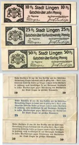 10, 25 & 50 Pfennig Banknoten Stadt Lingen 1920 (120361)