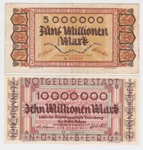 5 & 10 Millionen Mark Banknoten Inflation Stadt Nürnberg 1923 (152632)