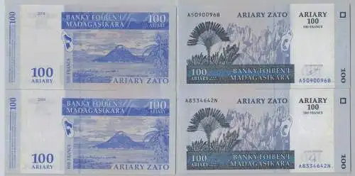2x 500 Francs = 100 Ariary Banknote Madagaskar Madagasikara 2004 (153710)