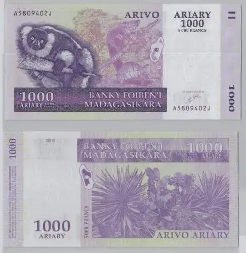 5000 Francs = 1000 Ariary Banknote Madagaskar Madagasikara 2004 (153717)