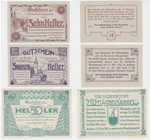 10, 20 und 50 Heller Banknoten Königswiesen 06.04.1920 (149273)