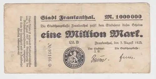 1 Million Mark Banknote Inflation Stadt Frankenthal 3.8.1923 (153561)