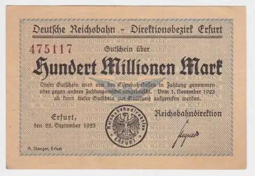 100 Millionen Mark Banknote Reichsbahndirektion Erfurt 22.09.1923 (153368)