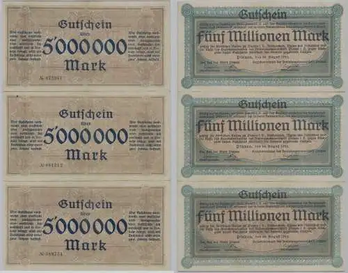 3 x 5 Millionen Mark Banknoten Inflation Stadt Plauen 20.8.1923 (153890)