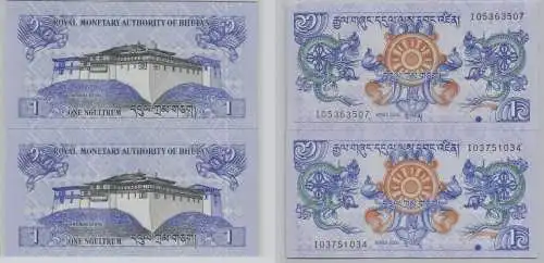2x 1 Ngultrum Banknote Bhutan 2006 Pick 27 bankfrisch UNC (153917)