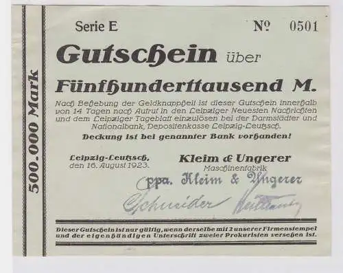500000 Mark Banknote Leipzig Leutzsch Maschinenfabrik Kleim & Ungerer (122606)