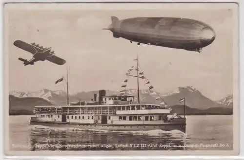 901140 Ak Bodensee Dampfer, Luftschiff LZ 127 und Dornier Flugschiff DOX 