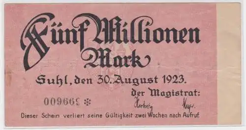 5 Millionen Mark Banknote Inflation Stadt Suhl 30.08.1923 (154867)