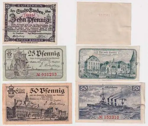 3 Banknoten Notgeld Emden 10, 25 & 50 Pfennig 1918-1920 (168936)