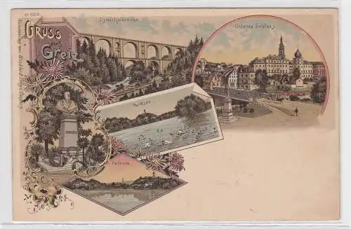 72784 Ak Gruss aus Greiz - Elsterthalbrücke, Parksee, Unteres Schloss, Denkmal