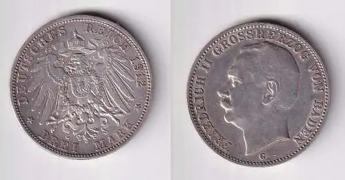 3 Mark Silbermünze Baden Großherzog Friedrich II 1912 Jäger 39 ss+ (138332)