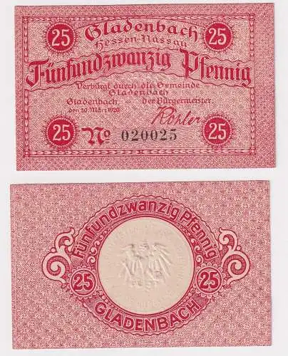 25 Pfennig Banknote Notgeld Gemeinde Gladenbach Hessen Nassau (168448)