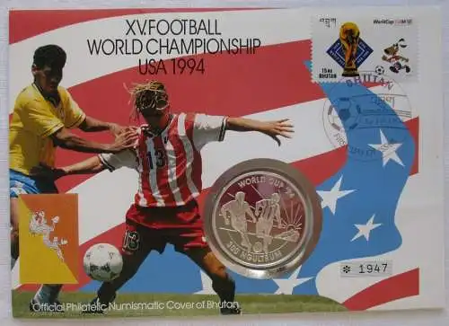 300 Ngultrum Silbermünze 1992 Bhutan Numisbrief Fußball WM 94 RAR in PP (109487)