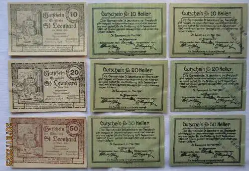 9 Banknoten Notgeld Gemeinde St.Leonhard 1920 (128149)