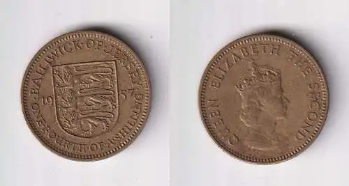 1/4 Schilling Messing Münze Jersey 1957 Elisabeth II f.vz (169833)
