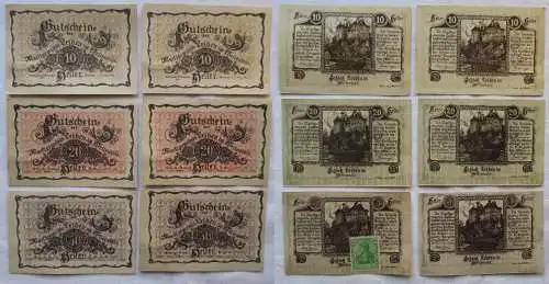 2 x 10,20 und 50 Heller Banknoten Notgeld Marktgemeinde Leiben 1920 (168708)