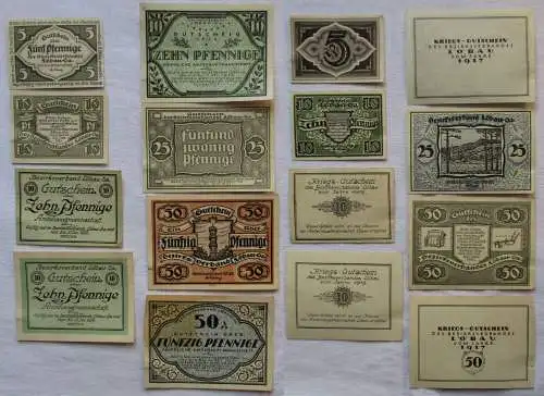 8 Banknoten Notgeld Stadtgemeinde & Bezirksverband Löbau 1918-1921 (168579)