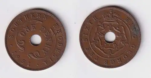 1 Penny Kupfer Münze South Rhodesia Süd Rhodesien 1951 vz (110211)