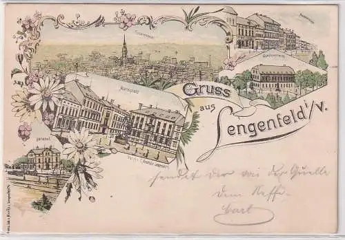 21305 Ak Lithographie Gruß aus Lengenfeld i.V. Bahnhof, Schützenhaus usw. 1898