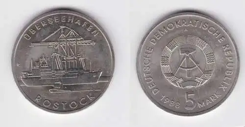 DDR Gedenk Münze 5 Mark Überseehafen Rostock 1988 Stempelglanz (142154)