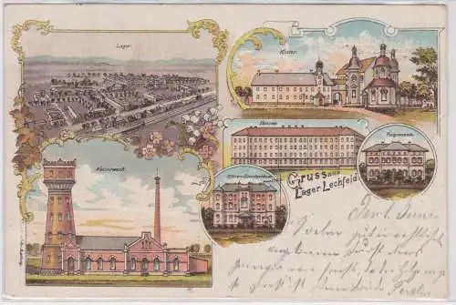 23064 Ak Lithographie Gruß aus Lager Lechfeld Wasserwerk, Kaserne usw. 1898