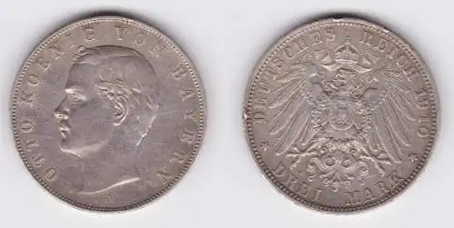 3 Mark Silbermünze Bayern König Otto 1910 Jäger 47 (162986)
