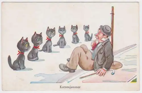 96896 Humor Ak "Katzenjammer" Betrunkener sieht 6 Katzen um 1930