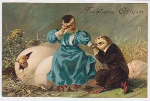 79166 Präge AK Fröhliche Ostern Kükenmann hält um Hand von Kükenfrau an 1910