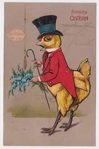 27509 Präge AK Fröhliche Ostern Küken Kavalier mit Zylinder, Stock und Blumenstr