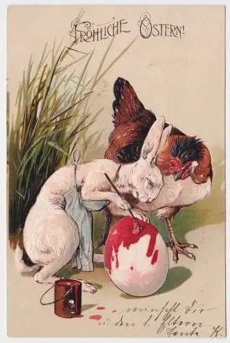 47723 Präge AK Fröhliche Ostern Hase bemalt Osterei Huhn schaut zu um 1900