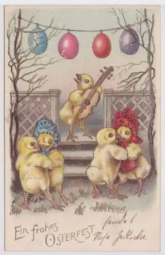 38658 Präge AK Fröhliche Ostern Küken mit Geige spielt zum Tanz auf 1902