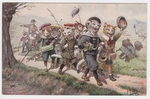 84195 Arthur Thiele Künstler Ak Katze Schulausflug "Hinaus in die Ferne" 1922