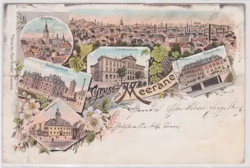 82383 Ak Lithographie Gruß aus Meerane Schlachthof, Webschule usw. 1898