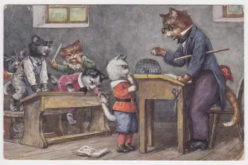 97689 Arthur Thiele Künstler Ak Katzen im Klassenzimmer 1912