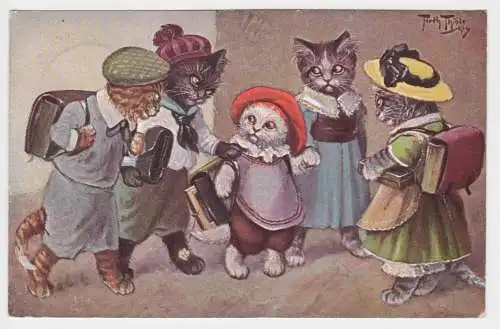 89802 Arthur Thiele Künstler Ak Katzen mit Ranzen 1925